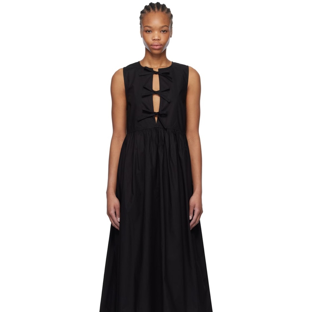 Ganni Tie Front Black Cotton Poplin Midi Dress Sz 36 US 4 S NWT Scandi style